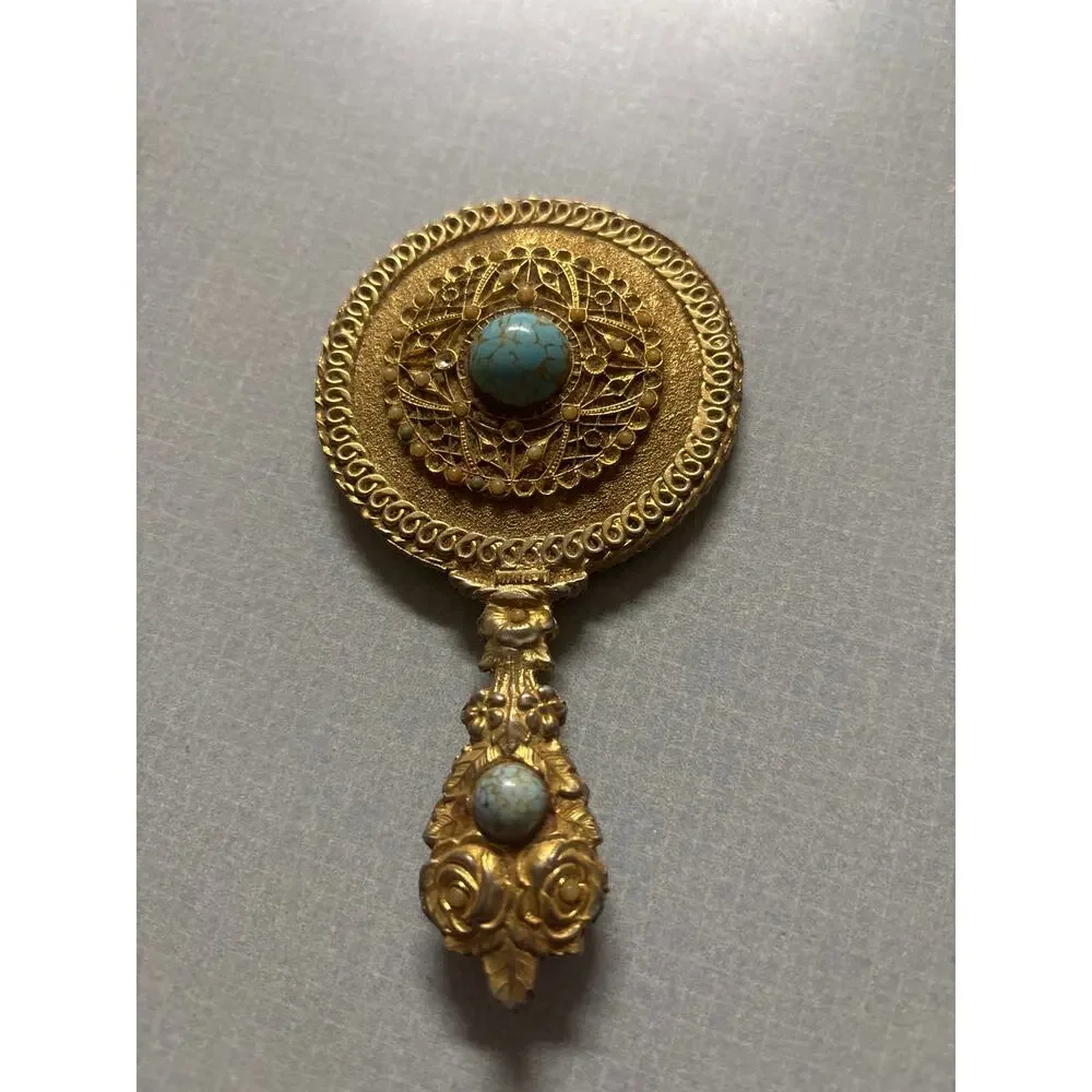 Vintage Mirella Louis XIV Style Hand Mirror Filigree Metalwork Gold Torqouise